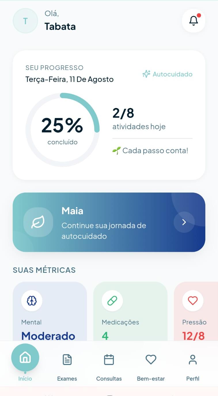 Tela real: Aplicativo de gestão de saúde física e mental