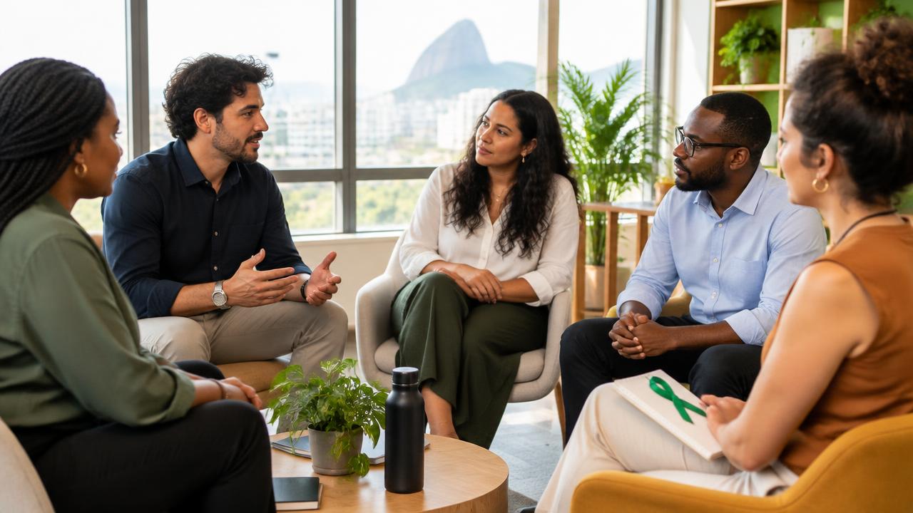 Equipe reunida em roda conversando sobre saúde mental no trabalho